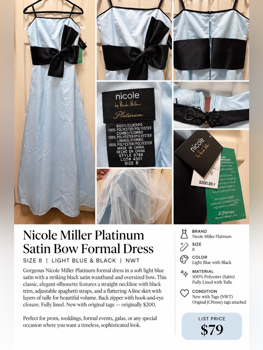 Nicole Miller Platinum Blue Black Satin Bow Formal Gown Dress Size 8
